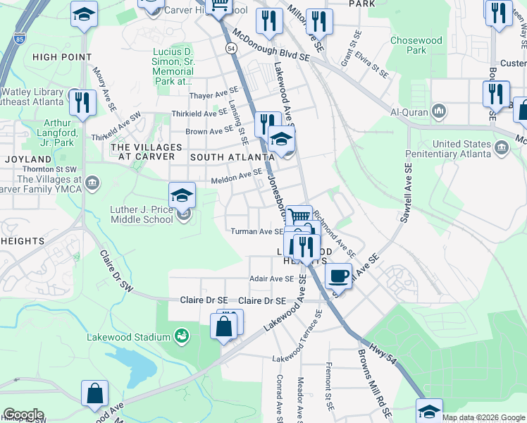 map of restaurants, bars, coffee shops, grocery stores, and more near 20 Bowen Avenue Southeast in Atlanta