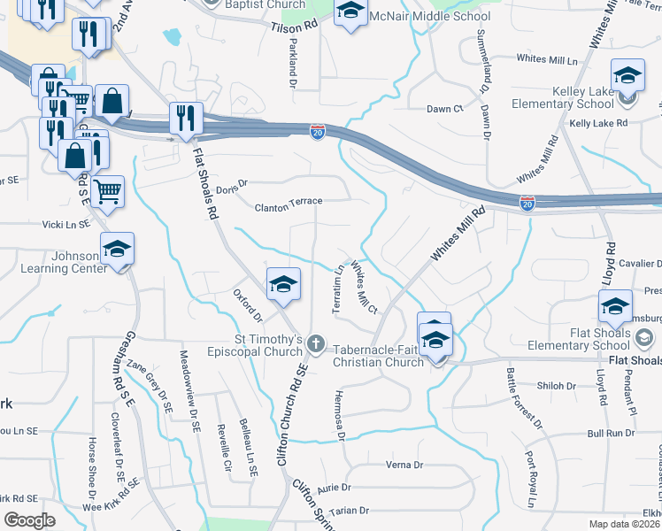 map of restaurants, bars, coffee shops, grocery stores, and more near 2677 Terratim Lane in Decatur