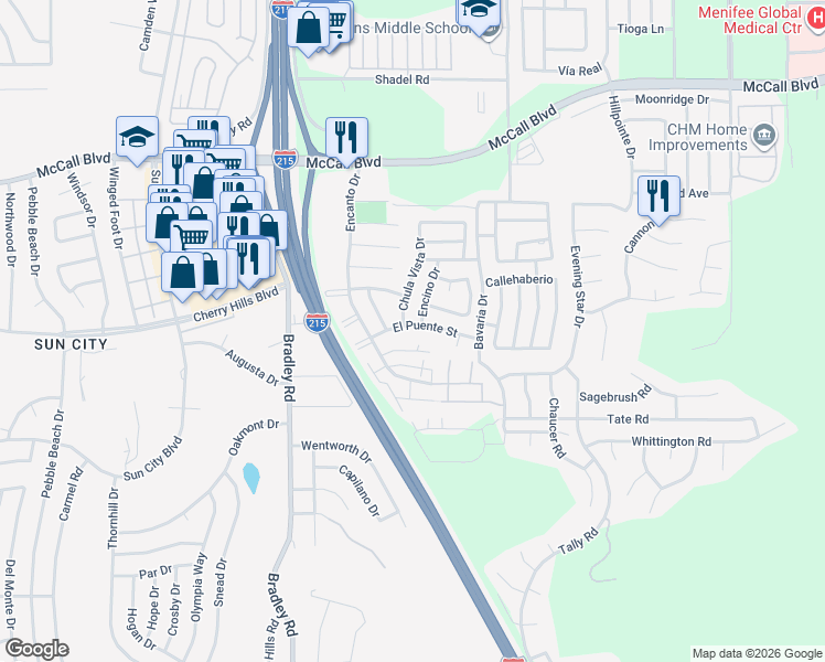 map of restaurants, bars, coffee shops, grocery stores, and more near 27275 El Puente Street in Menifee