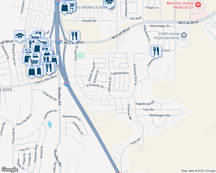map of restaurants, bars, coffee shops, grocery stores, and more near 27412 El Puente Street in Menifee