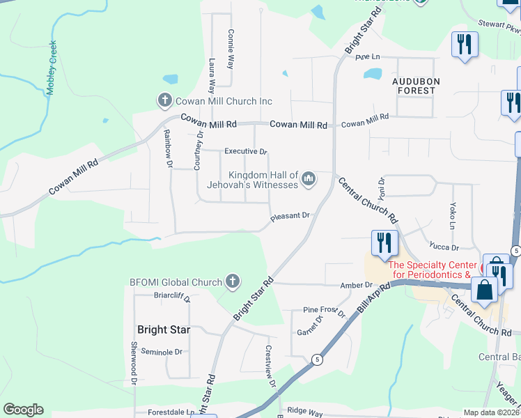 map of restaurants, bars, coffee shops, grocery stores, and more near 6441 Courtney Dr in Winston