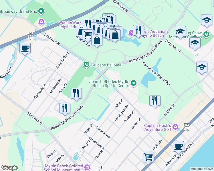 map of restaurants, bars, coffee shops, grocery stores, and more near 2050 Corporate Centre Drive in Myrtle Beach