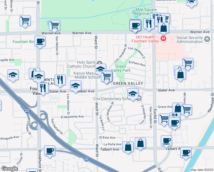 map of restaurants, bars, coffee shops, grocery stores, and more near 10585 Slater Avenue in Fountain Valley