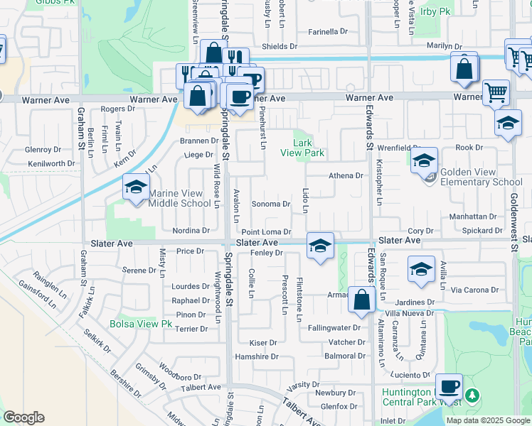 map of restaurants, bars, coffee shops, grocery stores, and more near 6131 Napa Circle in Huntington Beach