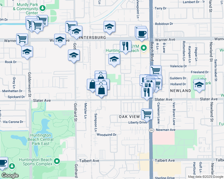 map of restaurants, bars, coffee shops, grocery stores, and more near 17412 Dairyview Circle in Huntington Beach