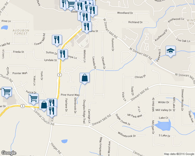 map of restaurants, bars, coffee shops, grocery stores, and more near 4027 Lauada Drive in Douglasville