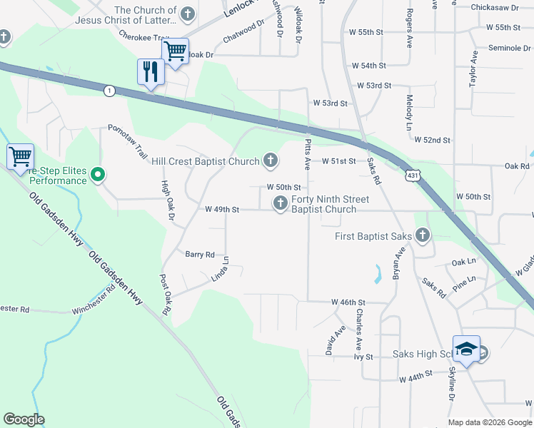 map of restaurants, bars, coffee shops, grocery stores, and more near 1120 West 49th Street in Anniston