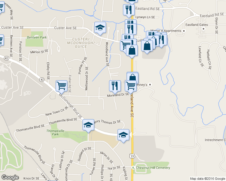 map of restaurants, bars, coffee shops, grocery stores, and more near 1638 Woodland Ave SE in Atlanta
