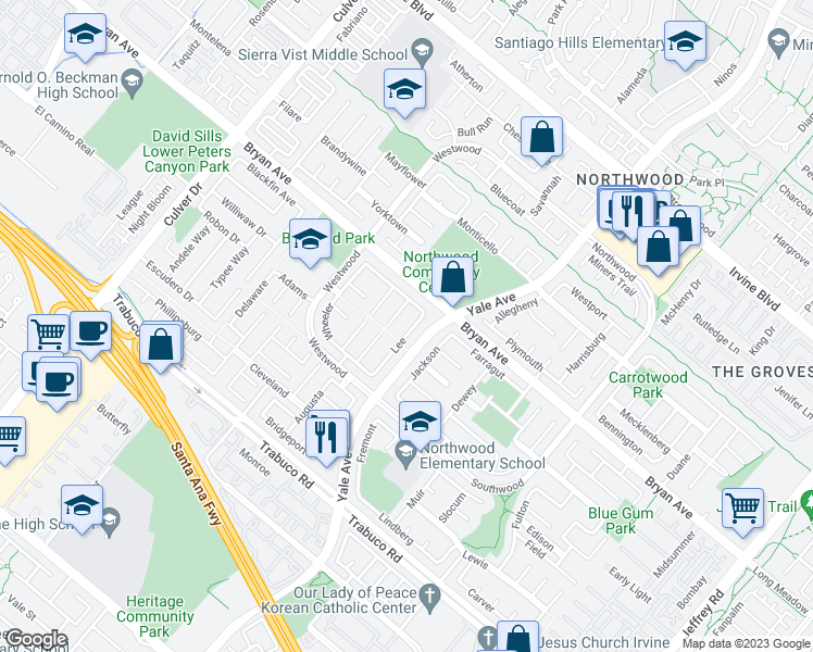 map of restaurants, bars, coffee shops, grocery stores, and more near 31 Lee in Irvine