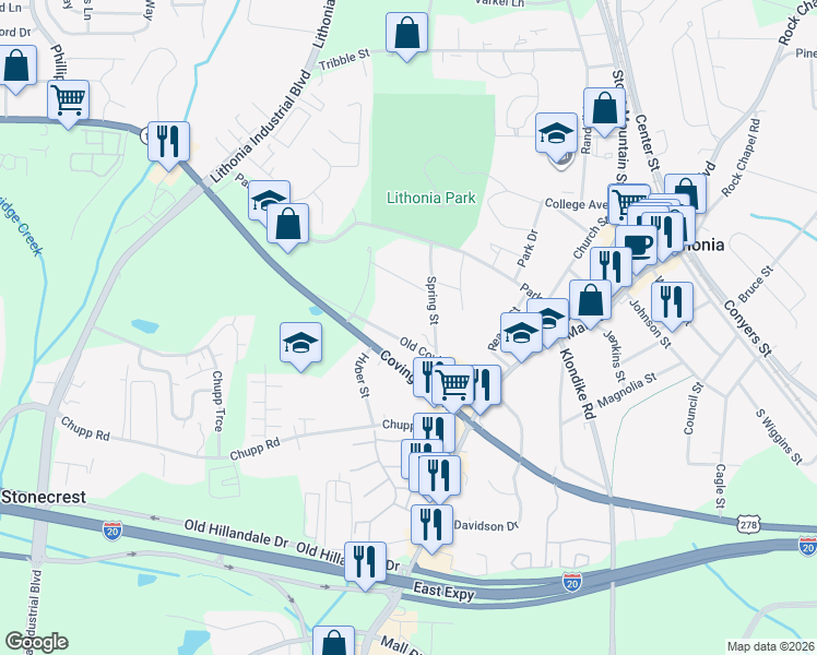 map of restaurants, bars, coffee shops, grocery stores, and more near 6678 Covington Road in Lithonia