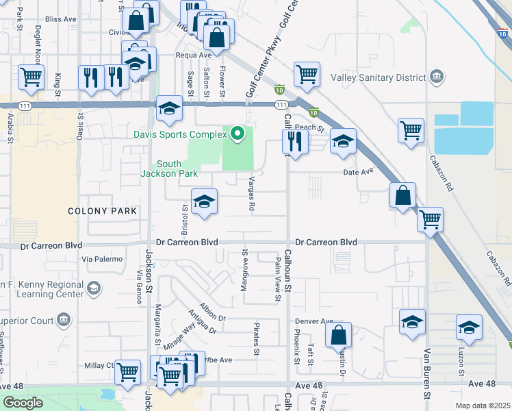 map of restaurants, bars, coffee shops, grocery stores, and more near 83426 Vecino Way in Indio