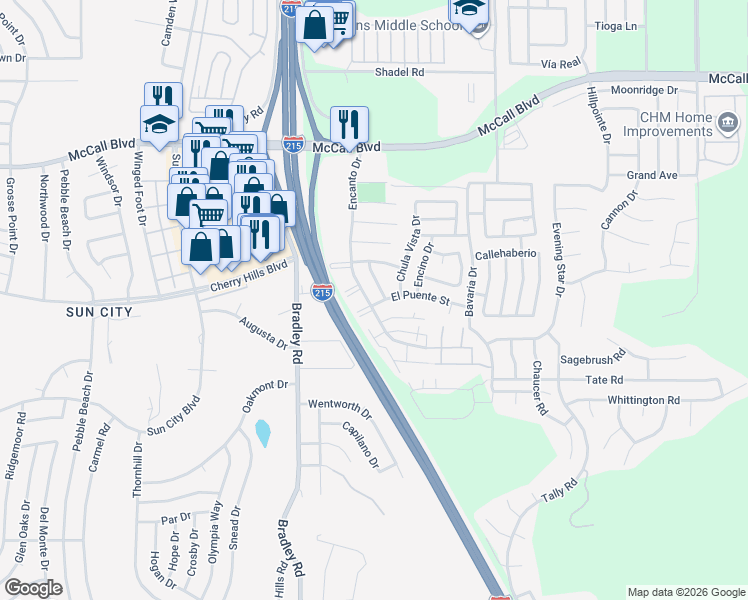 map of restaurants, bars, coffee shops, grocery stores, and more near 77-84 Encanto Drive in Menifee