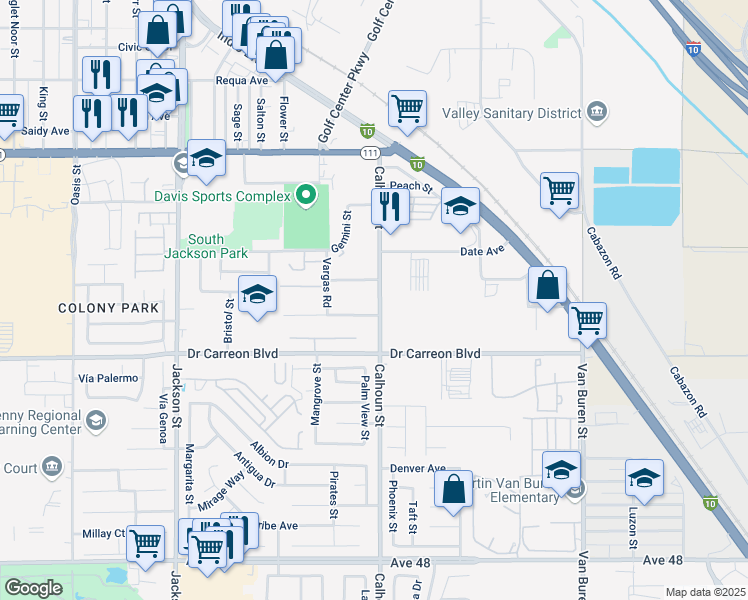 map of restaurants, bars, coffee shops, grocery stores, and more near 46731 Calhoun Street in Indio