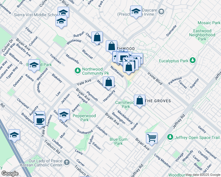map of restaurants, bars, coffee shops, grocery stores, and more near 56 Monticello in Irvine