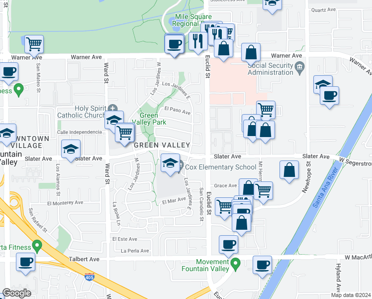 map of restaurants, bars, coffee shops, grocery stores, and more near 10877 Slater Avenue in Fountain Valley