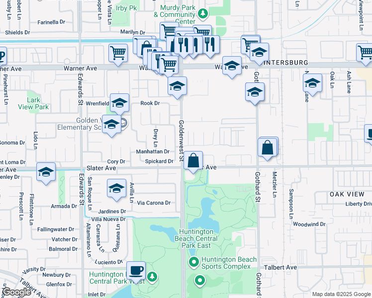 map of restaurants, bars, coffee shops, grocery stores, and more near 7002 Ford Drive in Huntington Beach