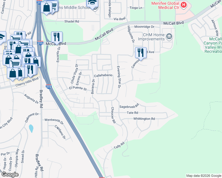 map of restaurants, bars, coffee shops, grocery stores, and more near 28313 Vía Bandita in Menifee