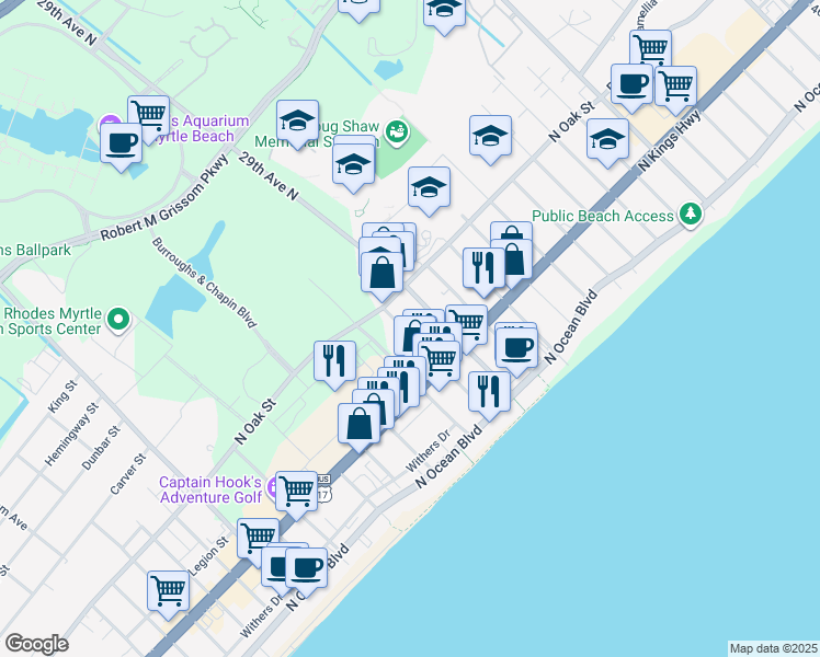 map of restaurants, bars, coffee shops, grocery stores, and more near 506 28th Avenue North in Myrtle Beach