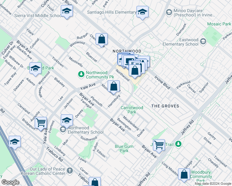 map of restaurants, bars, coffee shops, grocery stores, and more near 56 Monticello in Irvine