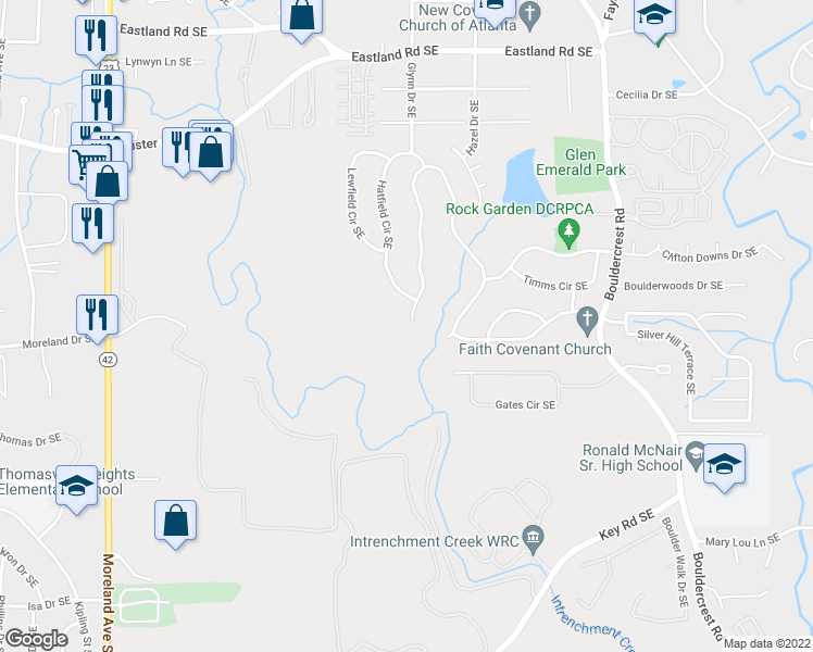 map of restaurants, bars, coffee shops, grocery stores, and more near 2687 Crestdale Circle Southeast in Atlanta