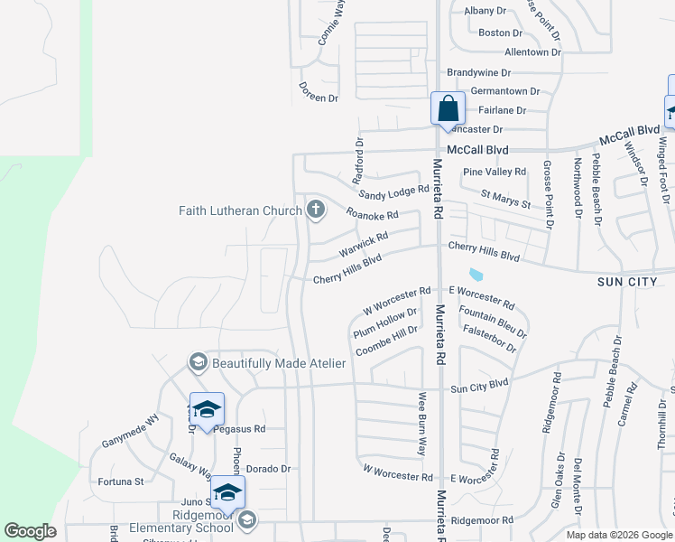 map of restaurants, bars, coffee shops, grocery stores, and more near 25700 Cherry Hills Boulevard in Menifee