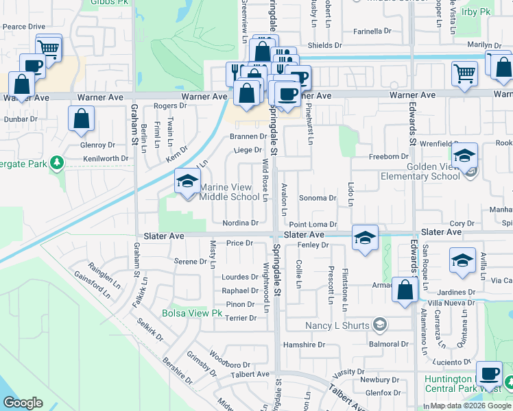 map of restaurants, bars, coffee shops, grocery stores, and more near 17392 Almelo Lane in Huntington Beach