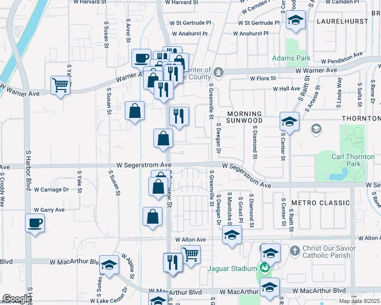 map of restaurants, bars, coffee shops, grocery stores, and more near 2847 South Fairview Street in Santa Ana