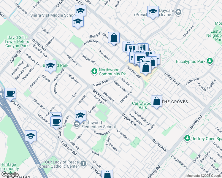 map of restaurants, bars, coffee shops, grocery stores, and more near 6 Blue Ridge in Irvine