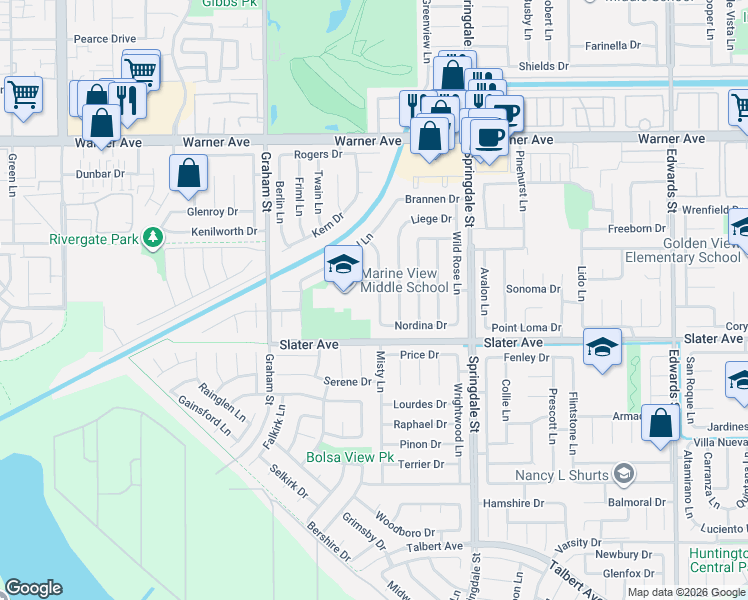 map of restaurants, bars, coffee shops, grocery stores, and more near 17391 Forbes Lane in Huntington Beach