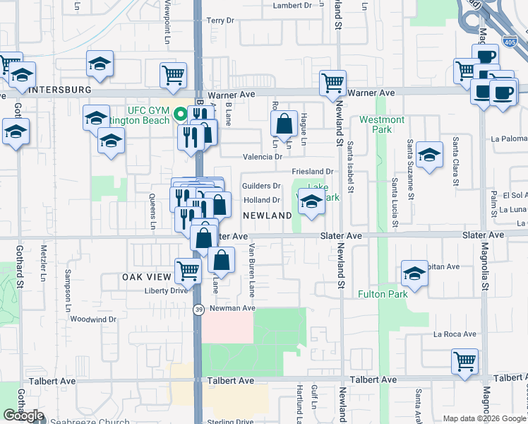 map of restaurants, bars, coffee shops, grocery stores, and more near 17402 Meer Circle in Huntington Beach