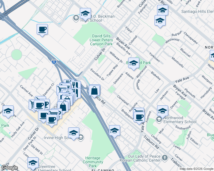 map of restaurants, bars, coffee shops, grocery stores, and more near 4222 Escudero Drive in Irvine