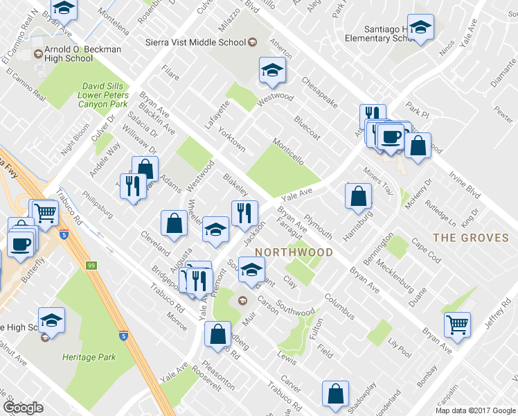 map of restaurants, bars, coffee shops, grocery stores, and more near 32 Lee in Irvine