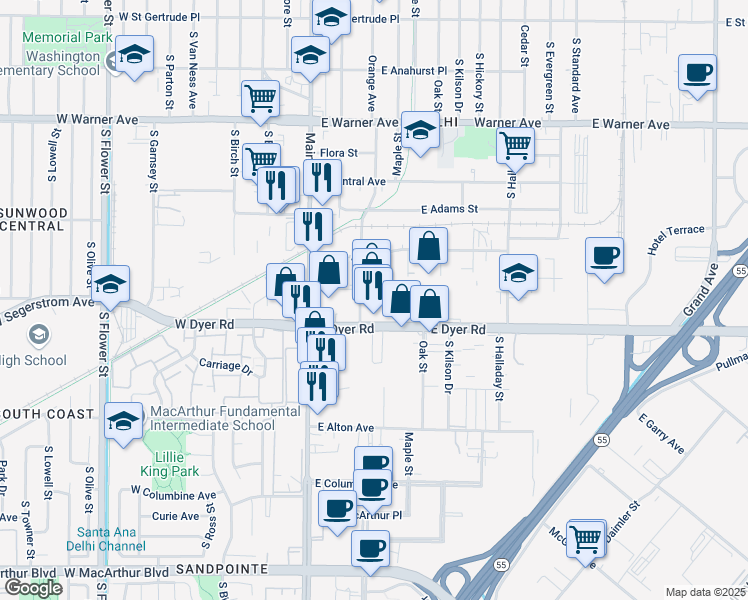 map of restaurants, bars, coffee shops, grocery stores, and more near 2709 Orange Avenue in Santa Ana
