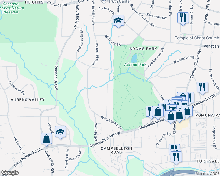map of restaurants, bars, coffee shops, grocery stores, and more near 1668 Laurelwood Drive Southwest in Atlanta