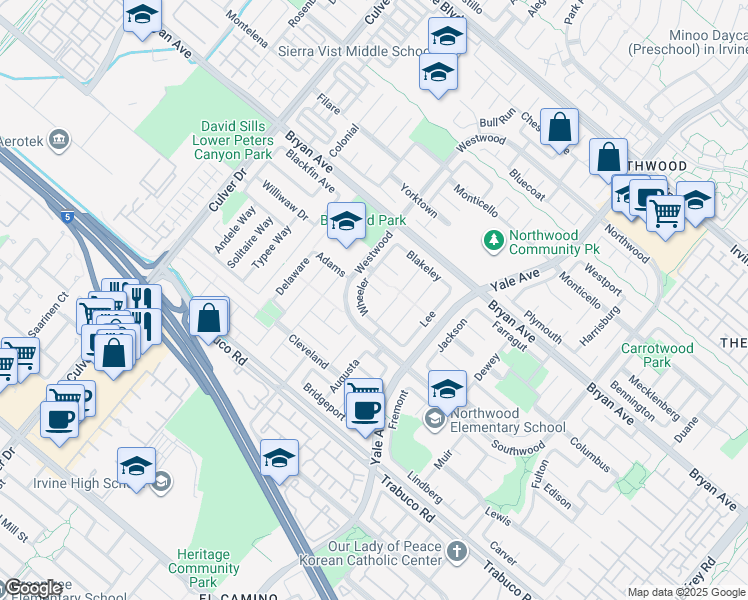 map of restaurants, bars, coffee shops, grocery stores, and more near 4 Oakley in Irvine