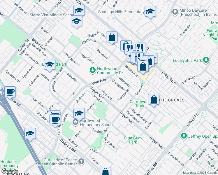 map of restaurants, bars, coffee shops, grocery stores, and more near 6 Blue Ridge in Irvine