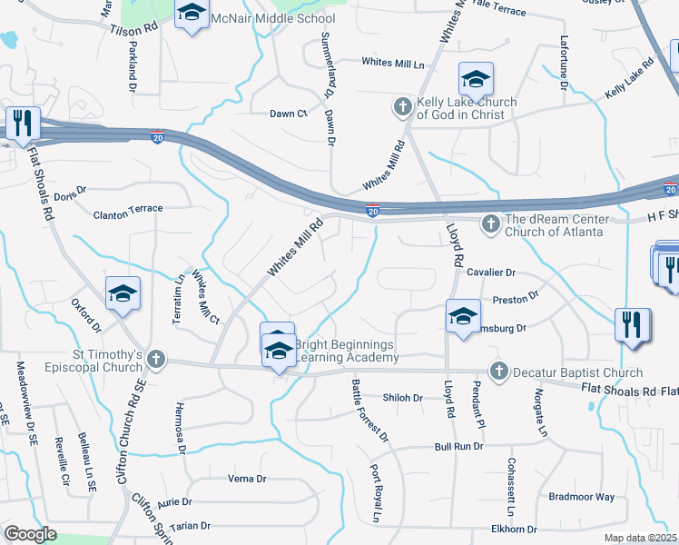 map of restaurants, bars, coffee shops, grocery stores, and more near 2463 Whites Ridge in Decatur