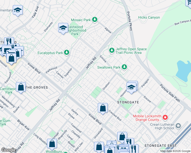 map of restaurants, bars, coffee shops, grocery stores, and more near 64 Elmdale in Irvine