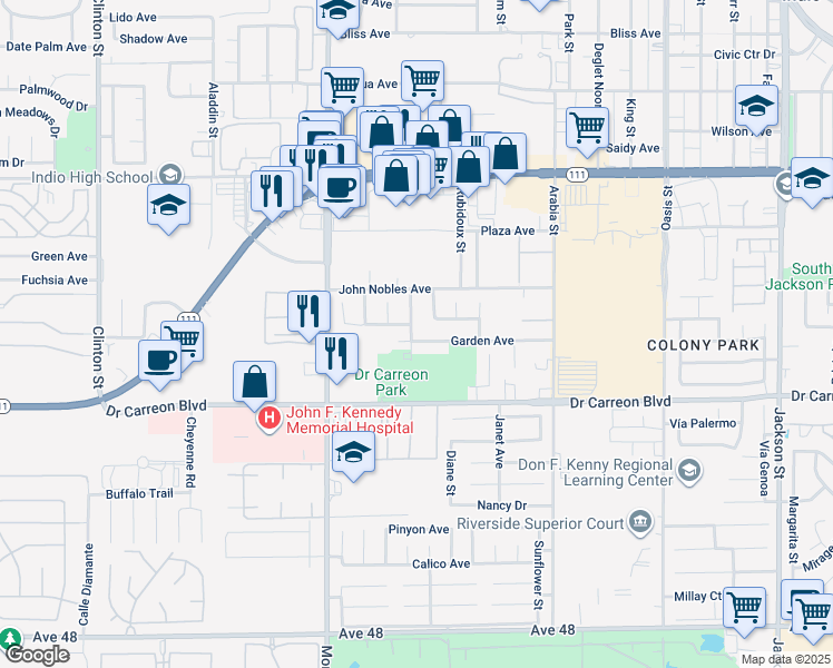 map of restaurants, bars, coffee shops, grocery stores, and more near 46740 Daisy Street in Indio