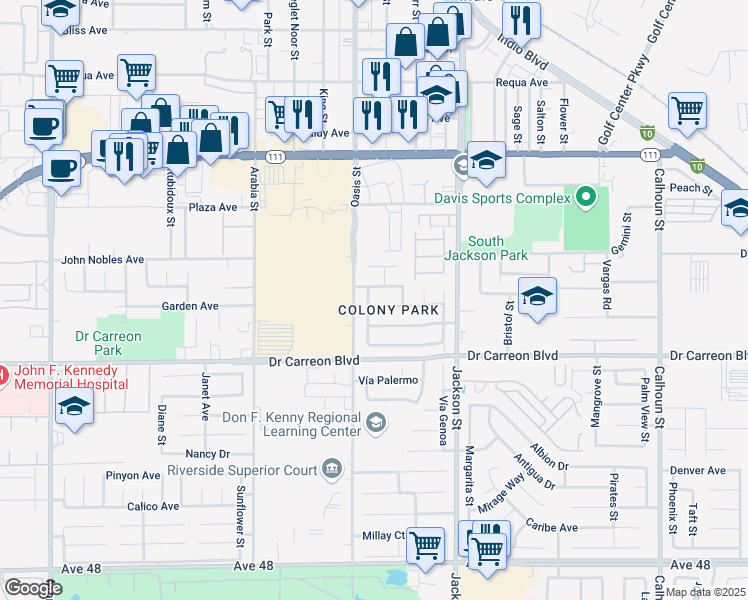 map of restaurants, bars, coffee shops, grocery stores, and more near 82762 Charlestown Avenue in Indio