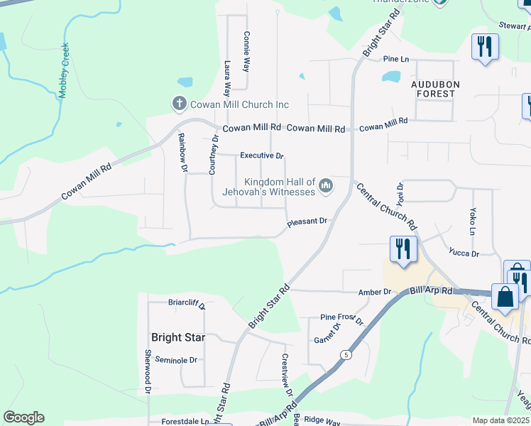 map of restaurants, bars, coffee shops, grocery stores, and more near 6461 Courtney Drive in Winston