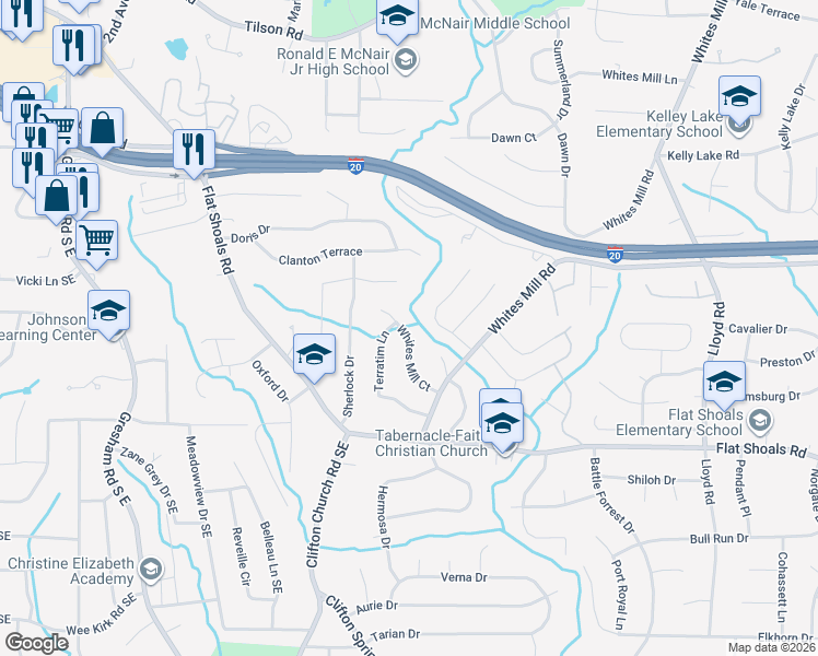 map of restaurants, bars, coffee shops, grocery stores, and more near 2666 Whites Mill Court in Decatur