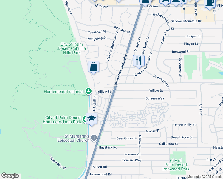 map of restaurants, bars, coffee shops, grocery stores, and more near 72770 Willow Street in Palm Desert