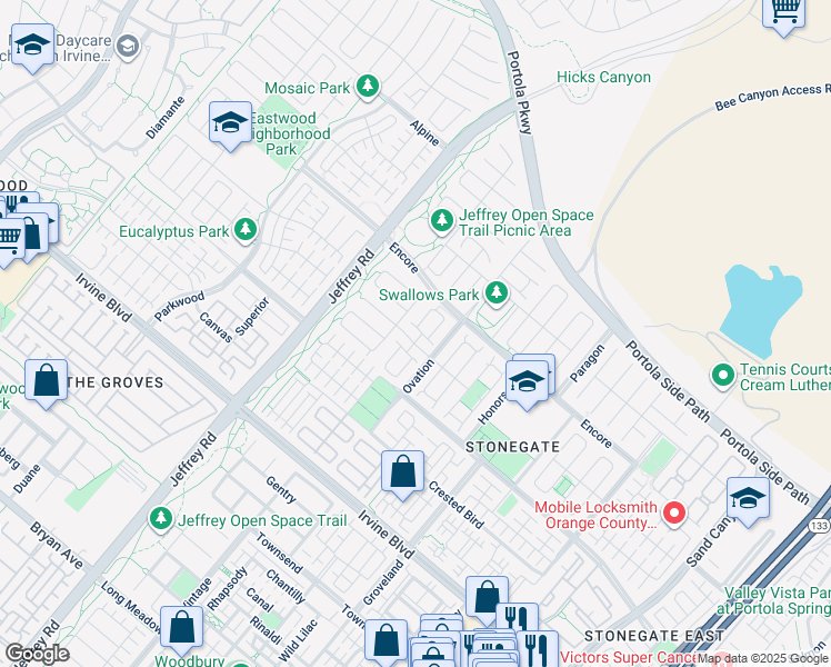 map of restaurants, bars, coffee shops, grocery stores, and more near 96 Birmingham in Irvine