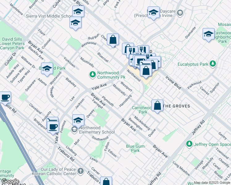 map of restaurants, bars, coffee shops, grocery stores, and more near 13 Blue Ridge in Irvine