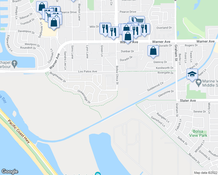 map of restaurants, bars, coffee shops, grocery stores, and more near 4932 Asheville Drive in Huntington Beach