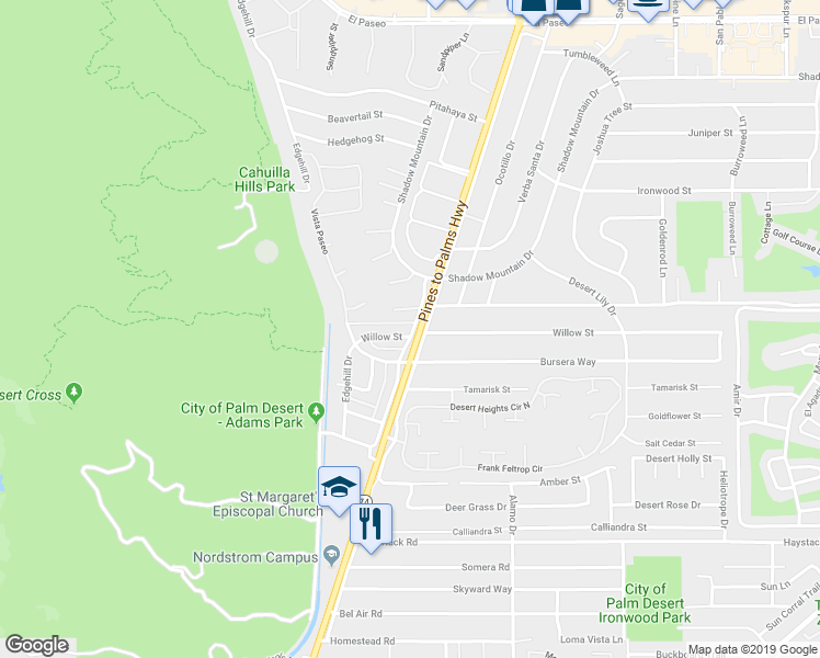 map of restaurants, bars, coffee shops, grocery stores, and more near 72763 Willow Street in Palm Desert