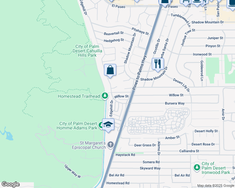 map of restaurants, bars, coffee shops, grocery stores, and more near 72664 Willow Street in Palm Desert