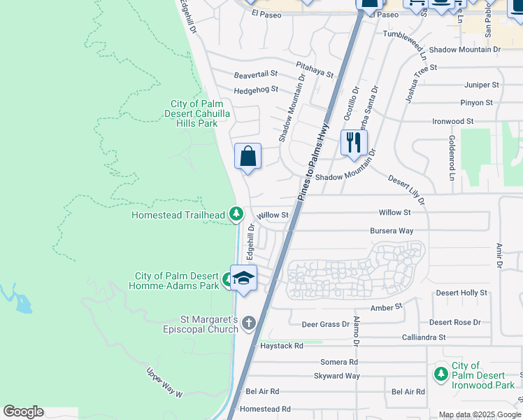 map of restaurants, bars, coffee shops, grocery stores, and more near 72664 Willow Street in Palm Desert