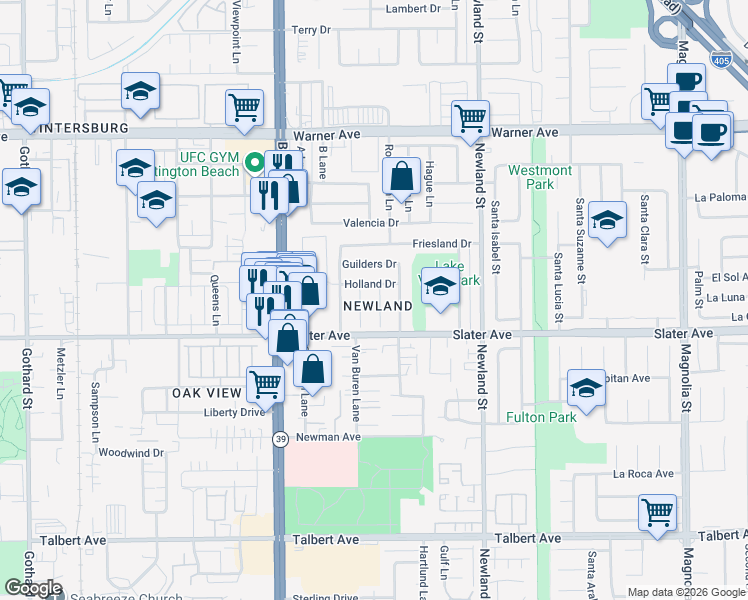 map of restaurants, bars, coffee shops, grocery stores, and more near 17402 Meer Circle in Huntington Beach